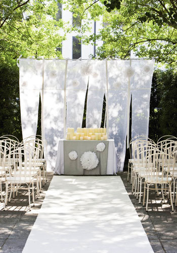 If you're planning on a sunset ceremony but don't want to deal with scattering votives on the ground and don't have access to low-hanging branches, consider setting up rows of candles on a covered table. The candlelight will cast a soft spotlight on the bride and groom as they exchange vows.
Source
If you're planning on a sunset ceremony but don't want to deal with scattering votives on the ground and don't have access to low-hanging branches, consider setting up rows of candles on a covered table. The candlelight will cast a soft spotlight on the bride and groom as they exchange vows.
Source