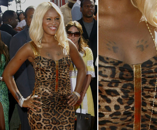Rapper Eve became known for her breastbone paw prints.
Rapper Eve became known for her breastbone paw prints.