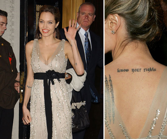 Angelina Jolie sports a "know your rights" tattoo on the back of her neck as a declaration of her support for human rights.
Angelina Jolie sports a "know your rights" tattoo on the back of her neck as a declaration of her support for human rights.