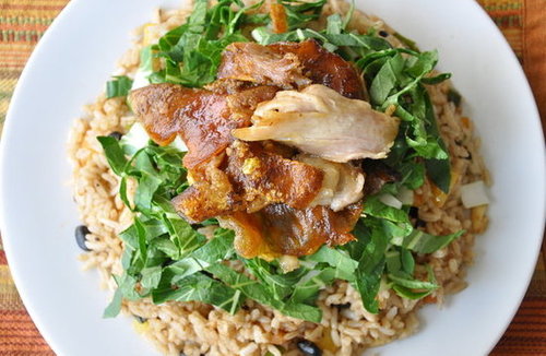Salted black bean rice with fresh Chinese cabbage and crispy lechon