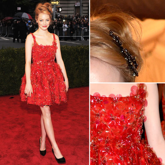 Pictures of Emma Stone in Red Flower Adorned Lanvin Dress on the Red Carpet at the 2012 Met Costume Institue Gala