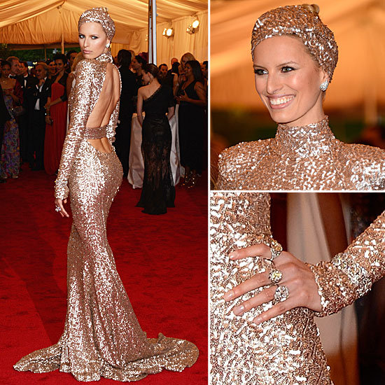 Pictures of Karolina Kurkova from all angles in Custom Rachel Zoe Designed Sequin Gown at Turban at the 2012 Met Gala