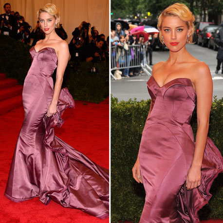 Pictures of Amber Heard in Fitted Zac Posen Gown on the Red Carpet at the 2012 Met Costume Institue Gala