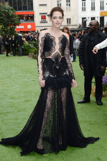 Kristen Stewart wore a lace Marchesa gown to the London premiere of Snow White and the Huntsman.
Kristen Stewart wore a lace Marchesa gown to the London premiere of Snow White and the Huntsman.