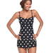 Coco Reef Scoop Neck Over The Shoulder Dot Print Ruched Bra Sized Tankini Top & Dot Printed Skirted Swim Bottom ($63)