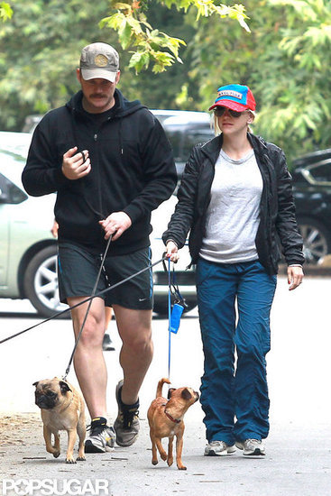 Anna Faris and Chris Pratt took their three dogs for a walk in LA. Anna Faris and Chris Pratt took their three dogs for a walk in LA.