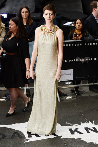 Anne Hathaway wore a long gown to the Dark Knight Rises UK premiere.
Anne Hathaway wore a long gown to the Dark Knight Rises UK premiere.