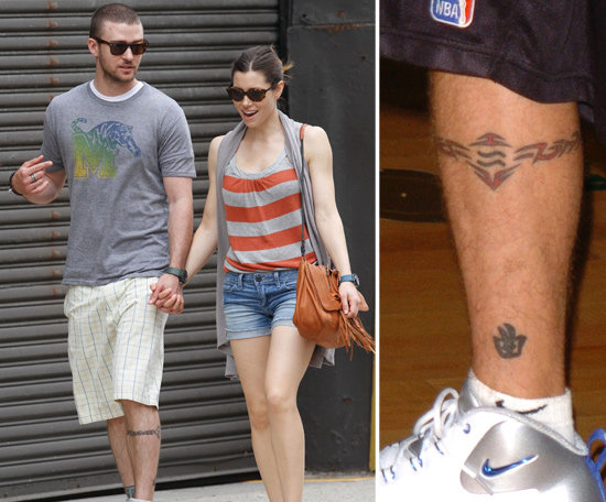Justin Timberlake has artwork on his arms and his legs. The singer's left calf is inked with a Chinese symbol meaning "music" and an astral band which has his sun sign symbol featured in the middle of the band.
Justin Timberlake has artwork on his arms and his legs. The singer's left calf is inked with a Chinese symbol meaning "music" and an astral band which has his sun sign symbol featured in the middle of the band.
