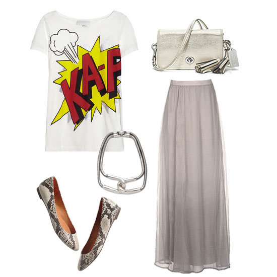 For an effortlessly ethereal look, try a flowy neutral-toned maxi skirt. It gives the ensemble movement, while the snakeskin flats and bold graphics on the tee ensure that there's just enough stylish attitude to make a statement, too.
Get the look:
3.1 Phillip Lim Printed Cotton and Modal-Blend Jersey T-Shirt ($175)
Chan Luu Chiffon Dip-Dyed Maxi Skirt ($284)
Madewell Sidewalk Skimmer in Python Print ($125)
Coach Legacy Metallic Leather Penny Shoulder Purse ($228)
Giles & Brother Cortina Snake Chain Necklace ($220)
For an effortlessly ethereal look, try a flowy neutral-toned maxi skirt. It gives the ensemble movement, while the snakeskin flats and bold graphics on the tee ensure that there's just enough stylish attitude to make a statement, too.
Get the look:
3.1 Phillip Lim Printed Cotton and Modal-Blend Jersey T-Shirt ($175)
Chan Luu Chiffon Dip-Dyed Maxi Skirt ($284)
Madewell Sidewalk Skimmer in Python Print ($125)
Coach Legacy Metallic Leather Penny Shoulder Purse ($228)
Giles & Brother Cortina Snake Chain Necklace ($220)
