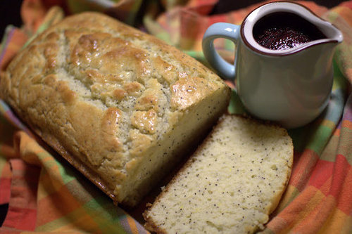 Lemon Poppy Cream Cheese Pound Cake with Blueberry Sauce