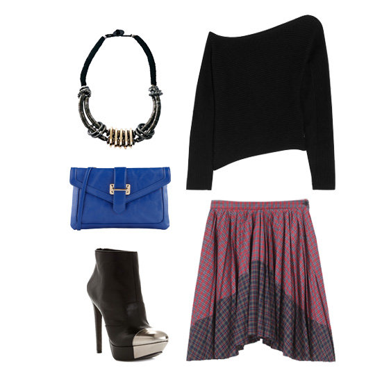 Here's how to take the seemingly modest plaid skirt to new heights for a night out: add a sexy off-the-shoulder sweater and metallic cap-toe ankle boots for a tough yet flirty look. Accessorize with a statement necklace and bright clutch — two things you can easily keep in your book bag for a quick change.
Get the look:
ASOS Cupchain & Cord Statement Necklace ($26)
Alexander Wang Asymmetric Ribbed Cotton and Cashmere-Blend Sweater ($350)
Boy. by Band of Outsiders Plaid Pleated Skirt ($555)
Jessica Simpson Essas Platform Booties ($139)
Aldo Crowston Clutch ($35)
Here's how to take the seemingly modest plaid skirt to new heights for a night out: add a sexy off-the-shoulder sweater and metallic cap-toe ankle boots for a tough yet flirty look. Accessorize with a statement necklace and bright clutch — two things you can easily keep in your book bag for a quick change.
Get the look:
ASOS Cupchain & Cord Statement Necklace ($26)
Alexander Wang Asymmetric Ribbed Cotton and Cashmere-Blend Sweater ($350)
Boy. by Band of Outsiders Plaid Pleated Skirt ($555)
Jessica Simpson Essas Platform Booties ($139)
Aldo Crowston Clutch ($35)