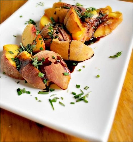 Roasted peaches with reduced balsamic vinegar and herbs