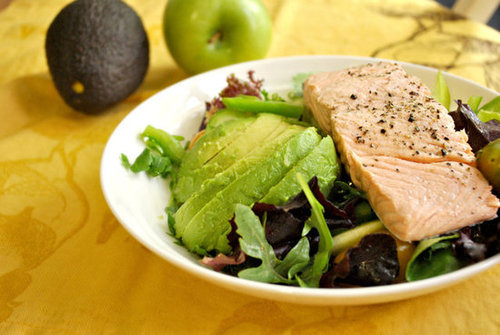 Basil Vinaigrette Salad with Poached Salmon