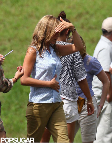 Jennifer Aniston Flashes Her Abs in a Bra on Set Jennifer Aniston Flashes Her Abs in a Bra on Set