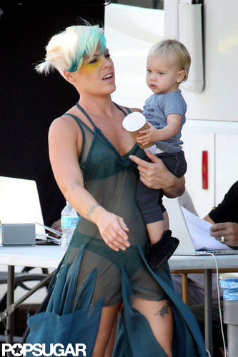 Pink wore lingerie on set.
Pink wore lingerie on set.