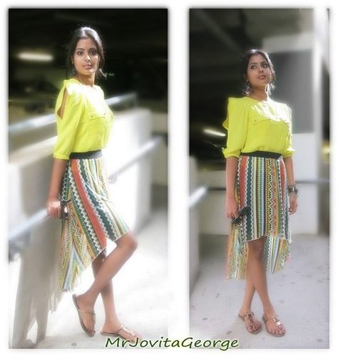 Neon top and tribal hi low skirt