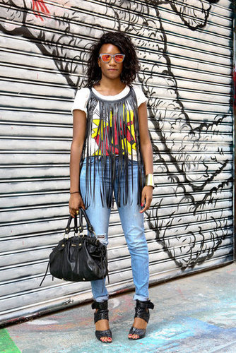 Talk about a statement topper — a fringed harness emboldened Phillip Lim's graphic tee.
Talk about a statement topper — a fringed harness emboldened Phillip Lim's graphic tee.