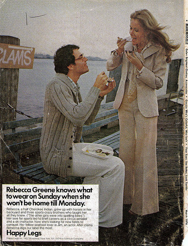 This "Happy Legs" polyester pantsuit is shameful in itself. But perhaps it will divert the attention away from Rebecca's sexual shame come Monday morning.
This "Happy Legs" polyester pantsuit is shameful in itself. But perhaps it will divert the attention away from Rebecca's sexual shame come Monday morning.