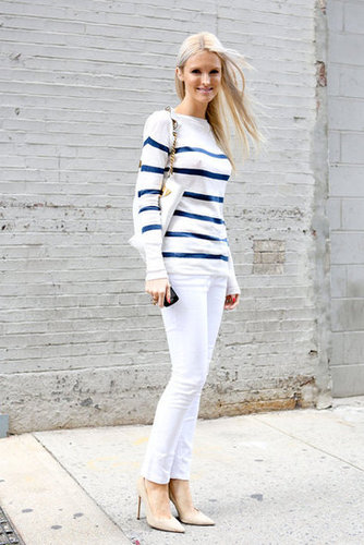 Classic striping and white skinnies have both polish and ease.
Classic striping and white skinnies have both polish and ease.