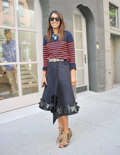 An architectural wrap skirt meets a classic striped sweater in this effortlessly on-trend mix.
An architectural wrap skirt meets a classic striped sweater in this effortlessly on-trend mix.