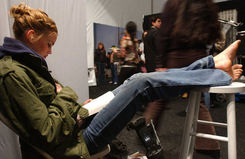 Backstage at Cynthia Rowley's Fall 2005 show, a long-legged beauty made herself comfy.
Backstage at Cynthia Rowley's Fall 2005 show, a long-legged beauty made herself comfy.