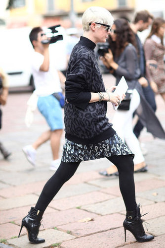 This print mixing was tempered with opaque black tights and coordinating booties for a chic finish.
Source: Greg Kessler
This print mixing was tempered with opaque black tights and coordinating booties for a chic finish.
Source: Greg Kessler