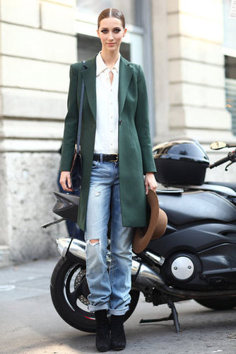 A sleek olive coat gave distressed jeans and a silky button-down a polished finish.
Source: Greg Kessler
A sleek olive coat gave distressed jeans and a silky button-down a polished finish.
Source: Greg Kessler