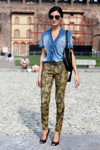 Abstract camo and a faded denim topper were an unconventionally cool pair.
Abstract camo and a faded denim topper were an unconventionally cool pair.