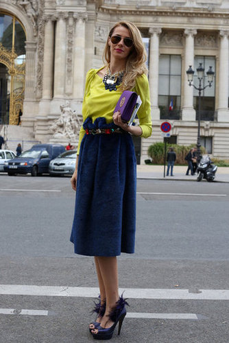 This look got a decadent finish with a velvet skirt and feathered heels.
This look got a decadent finish with a velvet skirt and feathered heels.
