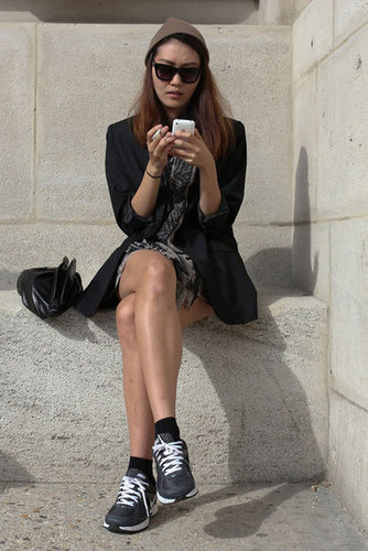 Sporty sneakers redefined a printed dress and menswear-style blazer.
Sporty sneakers redefined a printed dress and menswear-style blazer.