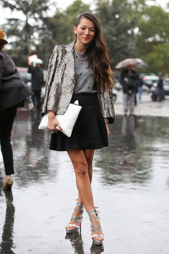 High shine, even in the rain, thanks to a sequined blazer and strappy silver platforms.
High shine, even in the rain, thanks to a sequined blazer and strappy silver platforms.