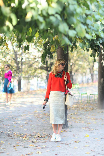A gold pencil skirt is the perfect foil to a poppy-red pullover.
A gold pencil skirt is the perfect foil to a poppy-red pullover.