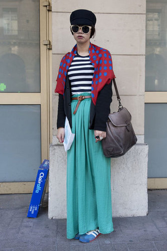 A flowy turquoise skirt gave a striped tee and a dotted scarf a fresh pop of color.
A flowy turquoise skirt gave a striped tee and a dotted scarf a fresh pop of color.