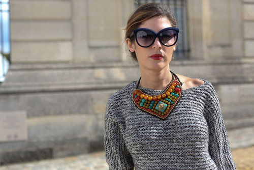 A tribal-feeling necklace gave new dimension to a chunky Fall knit.
A tribal-feeling necklace gave new dimension to a chunky Fall knit.