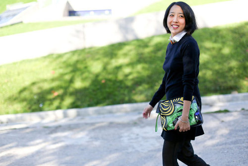A Phillip Lim comic clutch gave this more understated style an eye-catching finish.
A Phillip Lim comic clutch gave this more understated style an eye-catching finish.