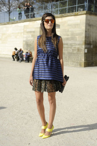 A whimsical mix of metallic stripes, peplum, and bright heels made this look pop.
A whimsical mix of metallic stripes, peplum, and bright heels made this look pop.