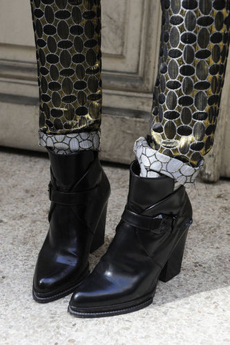 An edgy play on this season's favorite Chelsea boot silhouette looked especially cool against brocade bottoms.
An edgy play on this season's favorite Chelsea boot silhouette looked especially cool against brocade bottoms.