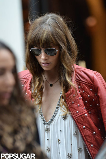 Jessica Biel wore a studded red leather jacket in Paris.
Jessica Biel wore a studded red leather jacket in Paris.