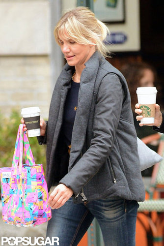 Cameron Diaz carried a coffee and a bright pink printed bag.
Cameron Diaz carried a coffee and a bright pink printed bag.