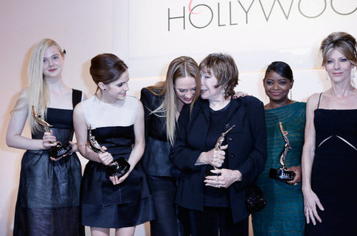 Elle Fanning, Emma Watson, Uma Thurman, Shirley Maclaine, Octavia Spencer, and Robbie Myers posed on stage with their awards at the Elle Women in Hollywood Awards.
Elle Fanning, Emma Watson, Uma Thurman, Shirley Maclaine, Octavia Spencer, and Robbie Myers posed on stage with their awards at the Elle Women in Hollywood Awards.