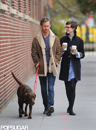 Anne Hathaway and husband Adam Shulman walked their dog together in Brooklyn. Anne Hathaway and husband Adam Shulman walked their dog together in Brooklyn.