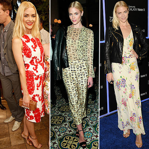 Jaime King Style: Floral Dress, Printed Suit, Leather Jacket