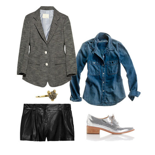 Those leather shorts you picked up to wear during Summer nights out on the town? They now work perfectly for the office, especially with black tights and a blazer. Tuck in a denim button-down and add office-appropriate pieces like a tweed jacket, metallic loafers, and an edgy-cool ring.
Shop the look:
Boy by Band of Outsiders Cotton-Blend Tweed Blazer ($990)
Madewell Denim Boyshirt ($88)
Loeffler Randall Joanna Welted Oxford ($350)
Diane von Furstenberg Naples Leather Shorts ($475)
House of Harlow 1960 Talon Crystal Stacking Ring ($60)
Those leather shorts you picked up to wear during Summer nights out on the town? They now work perfectly for the office, especially with black tights and a blazer. Tuck in a denim button-down and add office-appropriate pieces like a tweed jacket, metallic loafers, and an edgy-cool ring.
Shop the look:
Boy by Band of Outsiders Cotton-Blend Tweed Blazer ($990)
Madewell Denim Boyshirt ($88)
Loeffler Randall Joanna Welted Oxford ($350)
Diane von Furstenberg Naples Leather Shorts ($475)
House of Harlow 1960 Talon Crystal Stacking Ring ($60)