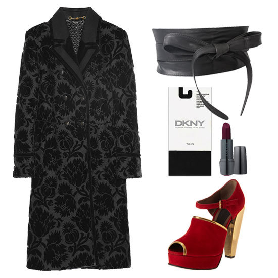 The great thing about this gorgeous Gucci coat is that it can easily double for a sexy dress. Just cinch it — we chose a wide obi-style belt — at the tiniest part of your waist to get the full fit-and-flare silhouette. Then, add a plum lip and statement dancing shoes, and the night is yours.
Get the look:
Gucci Double-Breasted Thistle Jacquard Coat ($6,995)
ASOS Leather Obi Waist Belt ($34)
DKNY Opaque Control Top Tights ($15)
Lancôme Color Design Lipstick in Edgy ($22)
Marni Metallic Heel Sandal ($805)
The great thing about this gorgeous Gucci coat is that it can easily double for a sexy dress. Just cinch it — we chose a wide obi-style belt — at the tiniest part of your waist to get the full fit-and-flare silhouette. Then, add a plum lip and statement dancing shoes, and the night is yours.
Get the look:
Gucci Double-Breasted Thistle Jacquard Coat ($6,995)
ASOS Leather Obi Waist Belt ($34)
DKNY Opaque Control Top Tights ($15)
Lancôme Color Design Lipstick in Edgy ($22)
Marni Metallic Heel Sandal ($805)