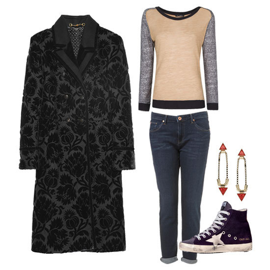 For the girl who keeps it low-key (but loves herself a great investment piece), this is kind of like getting the best of both worlds. The coat is your dressy savior, so have fun with the laid-back approach underneath. We opted for a relaxed boyfriend jean, a cozy colorblocked tee, and edgier vintage-inspired kicks.
Get the look:
Mango Wool Jersey ($40)
Topshop Moto Crop Slim Boyfriend Jeans ($80)
Gucci Double-Breasted Thistle Jacquard Coat ($6,995)
Topshop Triangle Geo Drop Earrings ($28)
Golden Goose Purple Suede Sneakers ($415)
For the girl who keeps it low-key (but loves herself a great investment piece), this is kind of like getting the best of both worlds. The coat is your dressy savior, so have fun with the laid-back approach underneath. We opted for a relaxed boyfriend jean, a cozy colorblocked tee, and edgier vintage-inspired kicks.
Get the look:
Mango Wool Jersey ($40)
Topshop Moto Crop Slim Boyfriend Jeans ($80)
Gucci Double-Breasted Thistle Jacquard Coat ($6,995)
Topshop Triangle Geo Drop Earrings ($28)
Golden Goose Purple Suede Sneakers ($415)