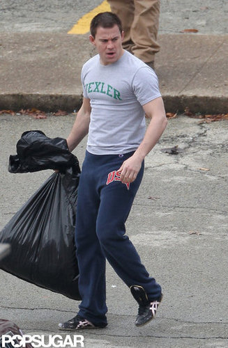 Channing Tatum wore workout gear on set.
Channing Tatum wore workout gear on set.