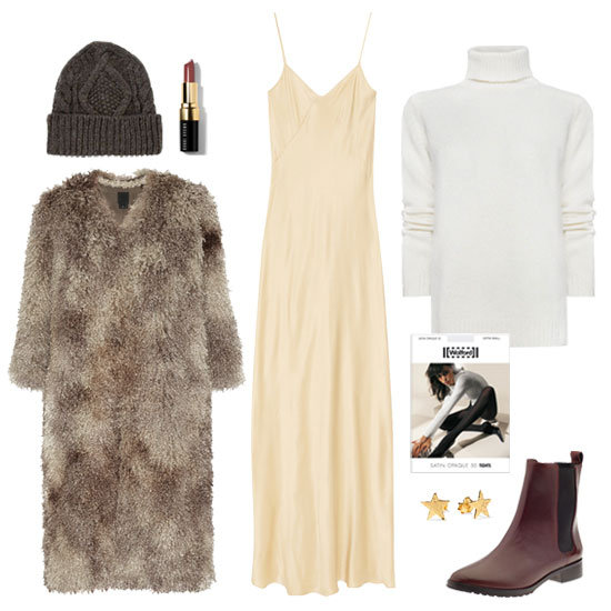 Winter whites with a layered, cozy twist. To make sure you're not drowning in the lighter hue, take care to play with proportions, tones, and texture. Here, we went with a cream-colored base (the maxidress) and offset it with a stark white turtleneck — angora was a plus! — and a luxe faux fur coat. The accessories are really up to you, but if you want to give your neutral foundation a one-two punch, go for a seasonal twist of oxblood red. A sultry-hued Chelsea flat boot and a matte red lip bode perfectly for this wintry mix.
Shop the look:
Mango Angora Turtleneck Jumper ($55)
T by Alexander Wang Silk-Charmeuse Maxi Dress ($105, originally $270)
Anna Sui Faux Shearling Coat ($290, originally $580)
Gorjana Small Star Stud Earrings ($35)
Ralph Lauren Denim & Supply Cable Knit Beanie ($55)
Bobbi Brown Lip Color in Black Berry ($24)
Wolford Satin Opaque 50 Tights ($45)
Elizabeth and James Paul Boot ($260)
Winter whites with a layered, cozy twist. To make sure you're not drowning in the lighter hue, take care to play with proportions, tones, and texture. Here, we went with a cream-colored base (the maxidress) and offset it with a stark white turtleneck — angora was a plus! — and a luxe faux fur coat. The accessories are really up to you, but if you want to give your neutral foundation a one-two punch, go for a seasonal twist of oxblood red. A sultry-hued Chelsea flat boot and a matte red lip bode perfectly for this wintry mix.
Shop the look:
Mango Angora Turtleneck Jumper ($55)
T by Alexander Wang Silk-Charmeuse Maxi Dress ($105, originally $270)
Anna Sui Faux Shearling Coat ($290, originally $580)
Gorjana Small Star Stud Earrings ($35)
Ralph Lauren Denim & Supply Cable Knit Beanie ($55)
Bobbi Brown Lip Color in Black Berry ($24)
Wolford Satin Opaque 50 Tights ($45)
Elizabeth and James Paul Boot ($260)