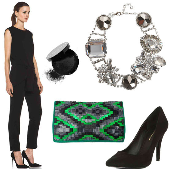 For a more modern look, opt for a sleek black jumpsuit accompanied with a standout statement necklace, vibrant clutch, and smoky eyes.
Get the look:
Theyskens' Theory Ginta jumpsuit ($795)
Bobbi Brown kohl eye cake ($22)
Erickson Beamon innocence necklace ($369, originally $930)
Matthew Williamson suede clutch ($771, originally $1,285)
BCBG Max Azria Cielo pump ($89)
For a more modern look, opt for a sleek black jumpsuit accompanied with a standout statement necklace, vibrant clutch, and smoky eyes.
Get the look:
Theyskens' Theory Ginta jumpsuit ($795)
Bobbi Brown kohl eye cake ($22)
Erickson Beamon innocence necklace ($369, originally $930)
Matthew Williamson suede clutch ($771, originally $1,285)
BCBG Max Azria Cielo pump ($89)