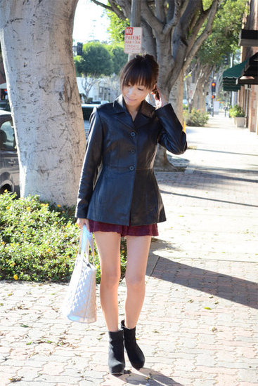 vintage leather jacket, f21 shorts, marc by marc jacobs bag