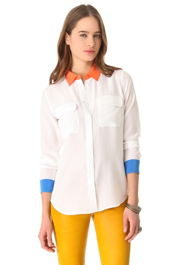 Equipment's colorblock blouse ($228) is a modern take on the classic silky button-down. We dig orange and blue together.
Equipment's colorblock blouse ($228) is a modern take on the classic silky button-down. We dig orange and blue together.
